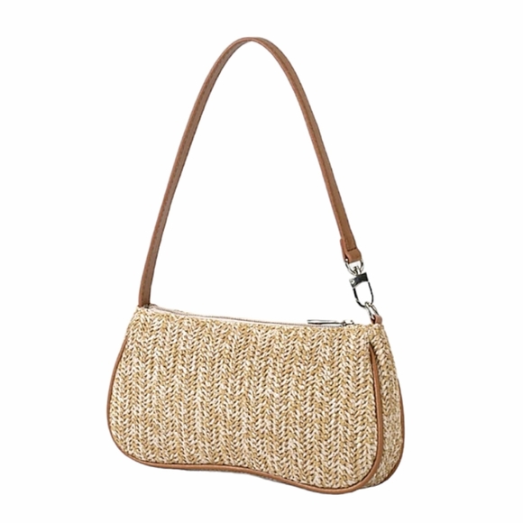 Commense Handbags - NWT Commense Beige Woven Straw Zippered Small Shoulder Bag